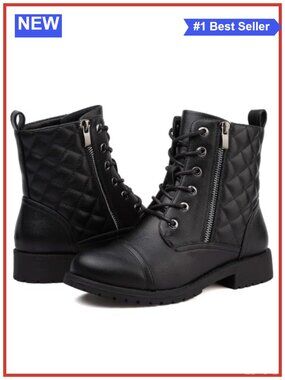 Womens Combat Boots Lace Up Ankle Boots Side Zipper Low Heel Fall Booties